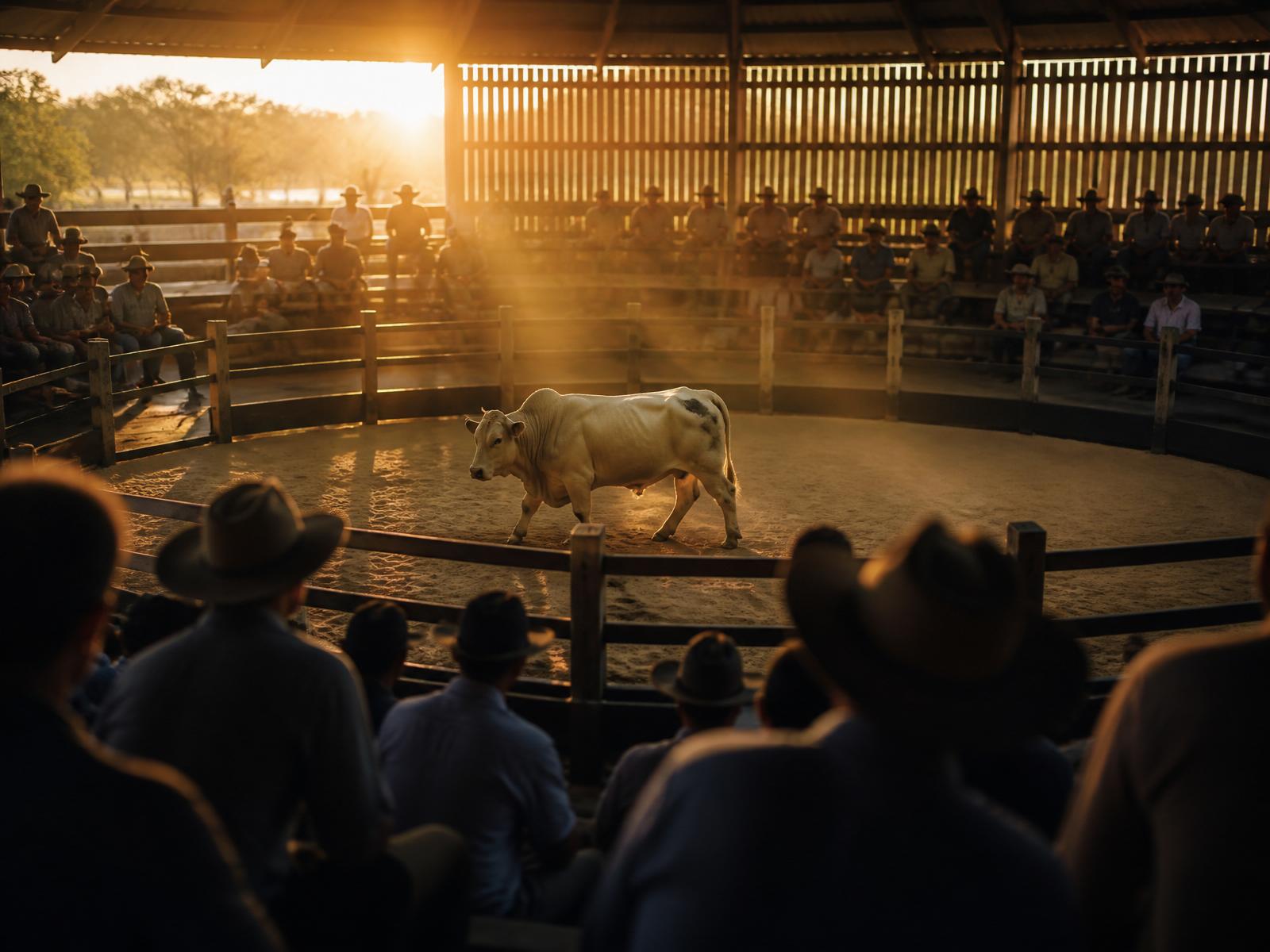 Leilão rural ao entardecer com boi Nelore na pista